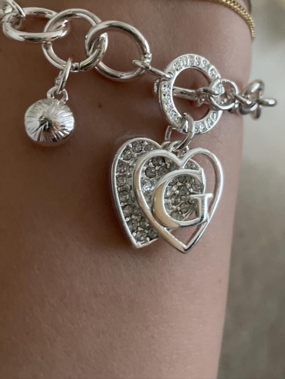 GUESS Silver Heart Charm Toggle Bracelet - Women Jewelry